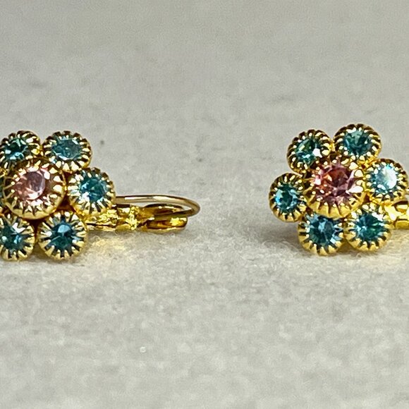 Joan Rivers Earrings * Gold Tone w/ Blue & Pink Rhinestones * Vintage * Pierced - Picture 2 of 7